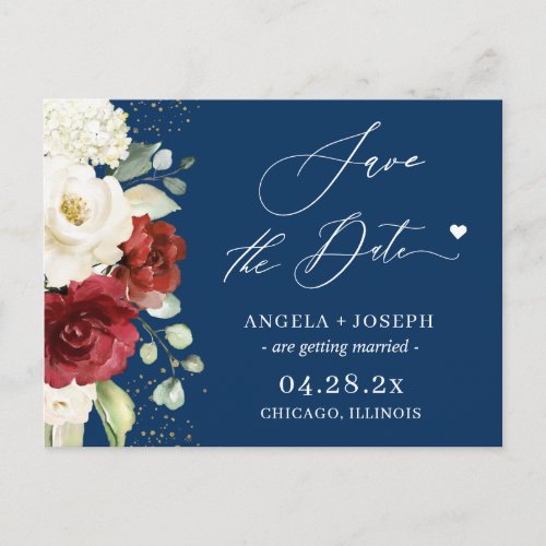 Red White Floral Navy Blue Wedding Save the Date Postcard - Modern Elegant Red White Floral Save the Date Postcard. For further customization, please click the "customize further" link and use our design tool to modify this template.