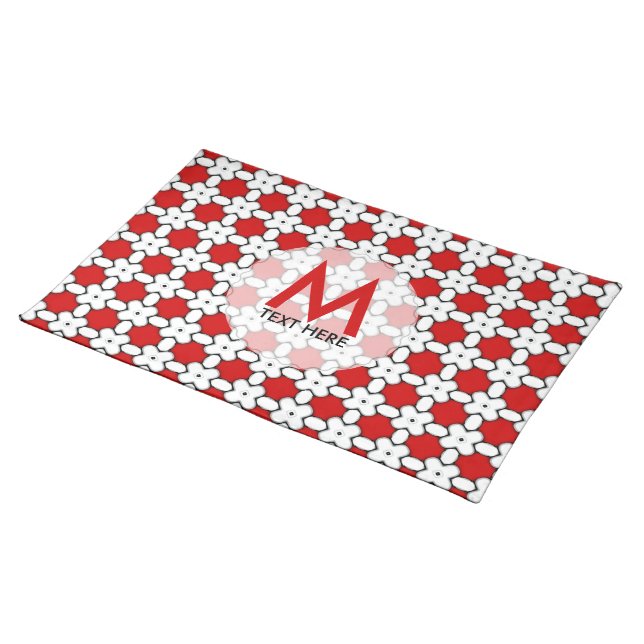 Red White Floral Pattern Monogram Place Mat (On Table)