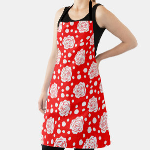 Red White Floral Polka Dots Pattern Apron