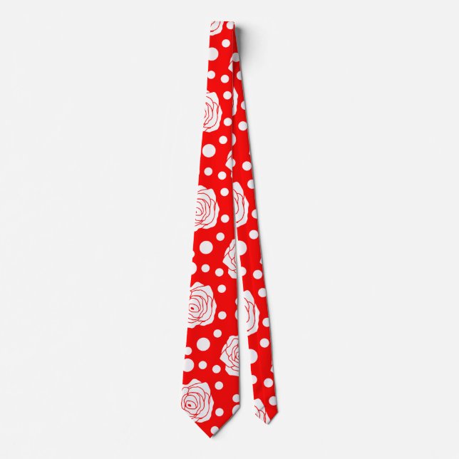 Red White Floral Polka Dots Pattern  Neck Tie (Front)