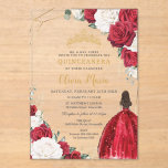 Red White Floral Princess Dress Gold Quinceañera  Acrylic Invitations<br><div class="desc">Personalize this vibrant red and white roses floral Quinceañera / Sweet 16 birthday acrylic invitation easily and quickly. Simply click the customize it further button to edit the texts, change fonts and fonts colors. Featuring beautiful vibrant red and white flowers and a girl in a lovely red dress. Matching items...</div>