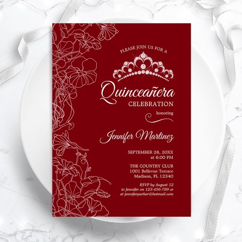 Red White Floral Quinceanera Party Invitation