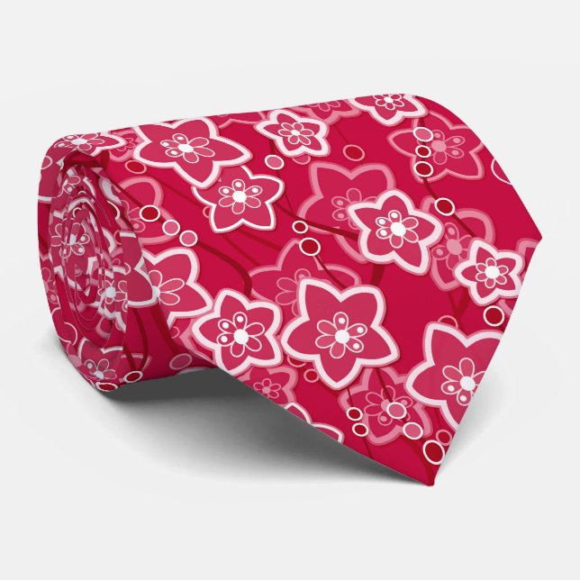red white floral rustic fashion pattern retro neck tie (Rolled)