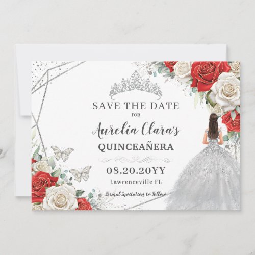 Red White Floral Silver Dress Quinceanera Sweet 16 Save The Date