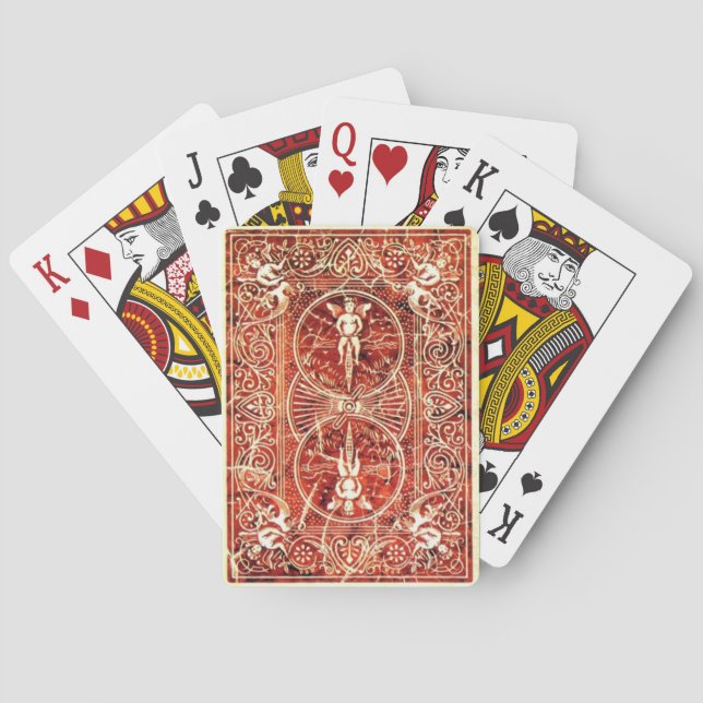 RED WHITE FLORAL SWIRLS AND ANGELS POKER CARDS (Back)