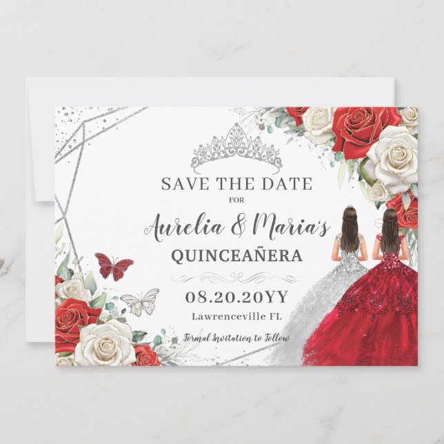Red White Floral Twins Silver Quinceanera Sweet 16 Save The Date (Front)