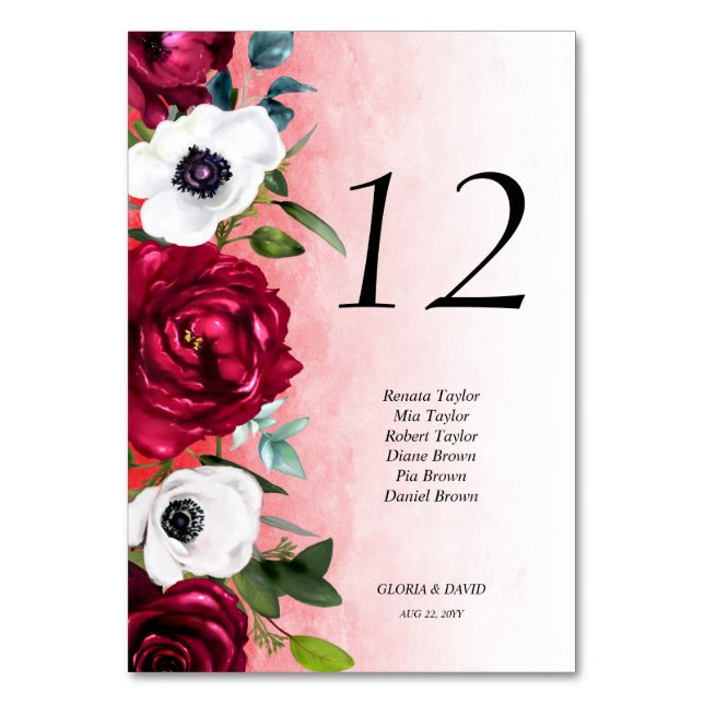 Red White Floral Wedding Table Number card (Front)