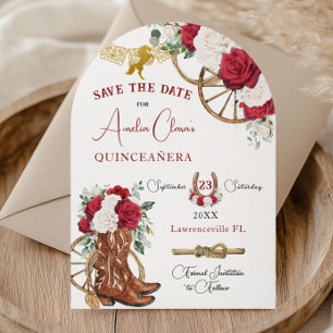 Red White Floral Wild West Charro Quinceañera XV Save The Date
