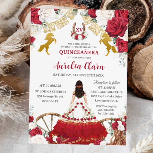 Red White Floral Wild West Charro Quinceañera XV  Save The Date (quinceanera-mis-quince-charro-western-boots-horses-red-roses-floral-birthday-party-invitation)