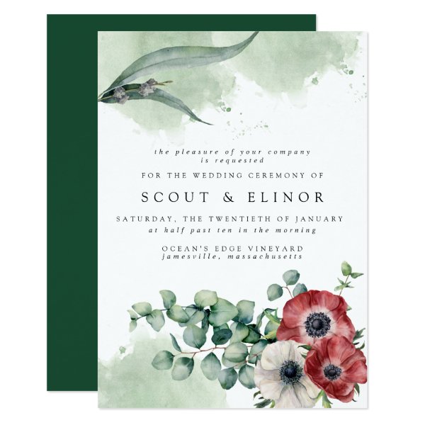 Red White Floral with Eucalyptus Leaves Wedding Invitation