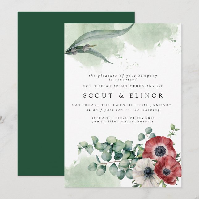 Red White Floral with Eucalyptus Leaves Wedding Invitation (Front/Back)