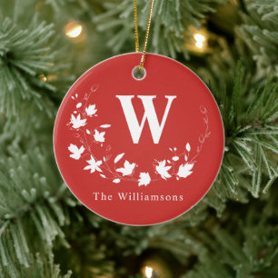 Red White Floral Wreath Monogram Family Last Name Ceramic Ornament