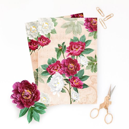 Red  White Florals Music  Handwriting Decoupage Tissue Paper