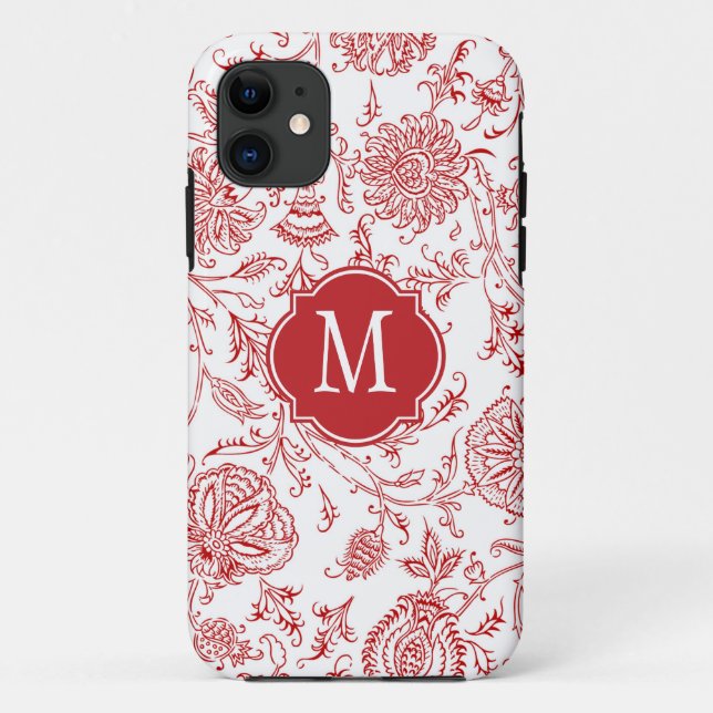 Red & White Flower Pattern Monogram Case-Mate iPhone Case (Back)