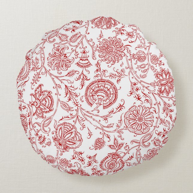 Red & White Flower Round Pattern Round Pillow (Back)