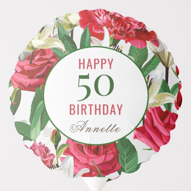 Red White Flowers 50th Birthday Balloon (Front)