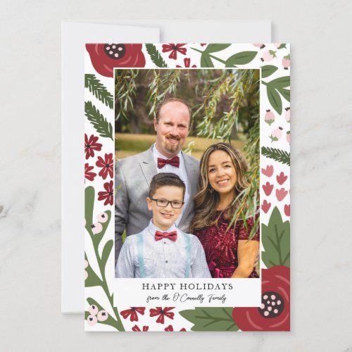 Red  White Flowers  Berries Happy Holidays Photo Holiday Card