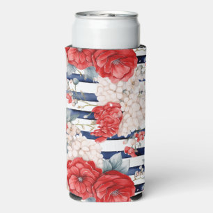 Red White Flowers Blue Stripes Seltzer Can Cooler
