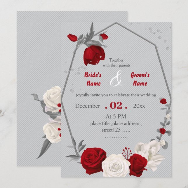 red & white flowers botanical geometric wedding invitation (Front/Back)