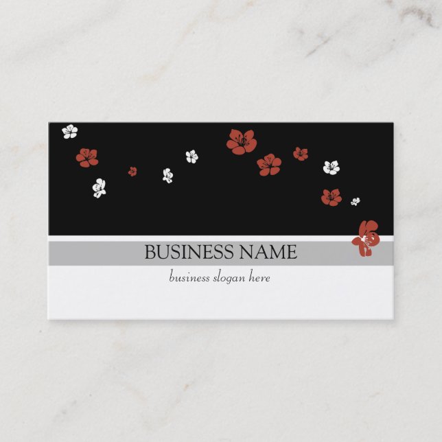 Red White Flowers Elegant Black White Business Card (Front)