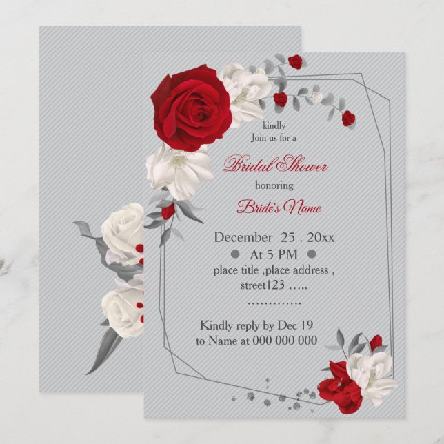 red & white flowers geometric bridal shower invitation (Front/Back)