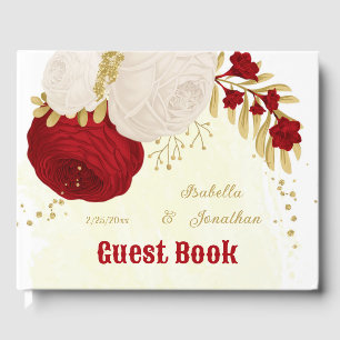 red & white flowers gold botanical wedding guest book