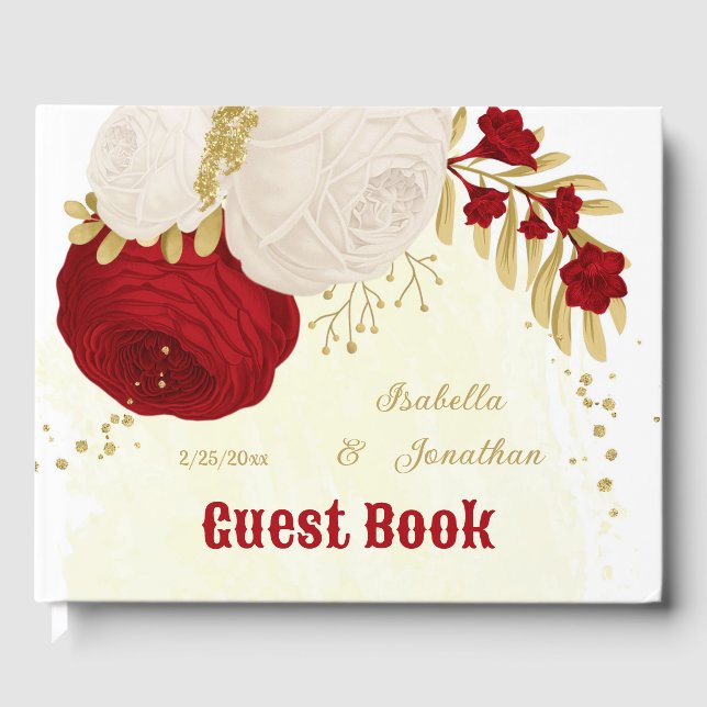 red & white flowers gold botanical wedding guest book (Front)