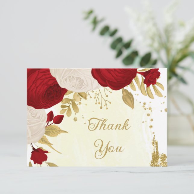 red & white flowers gold botanical wedding thank you card (Standing Front)