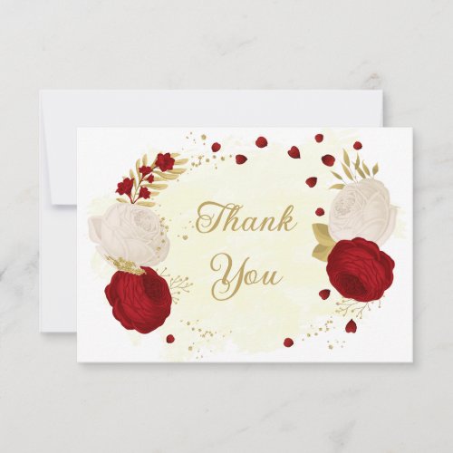 red  white flowers gold botanical wedding thank you card