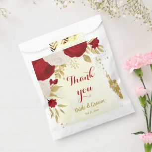 red & white flowers gold favor bag