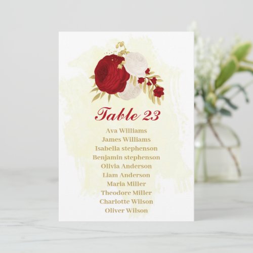 red  white flowers gold seating chart card