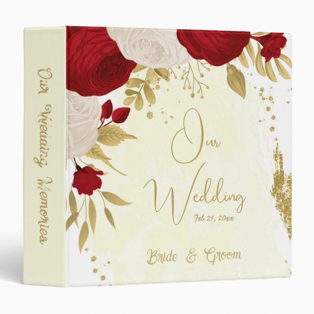 red & white flowers gold wedding photo album 3 ring binder (Front/Spine)