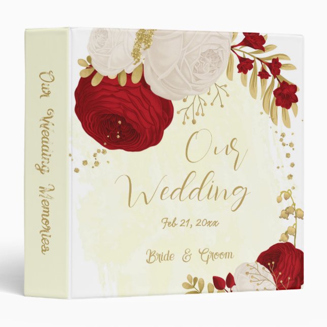 red & white flowers gold wedding photo album 3 ring binder (Front/Spine)