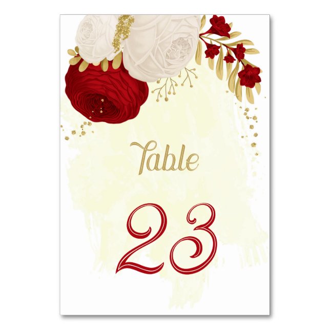 red & white flowers gold wedding table number (Front)