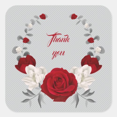 red  white flowers gray leaves wreath thank you square sticker