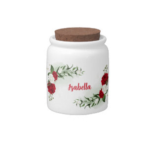 Red & white flowers greenery botanical candy jar