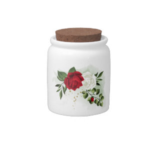 Red & white flowers greenery botanical candy jar