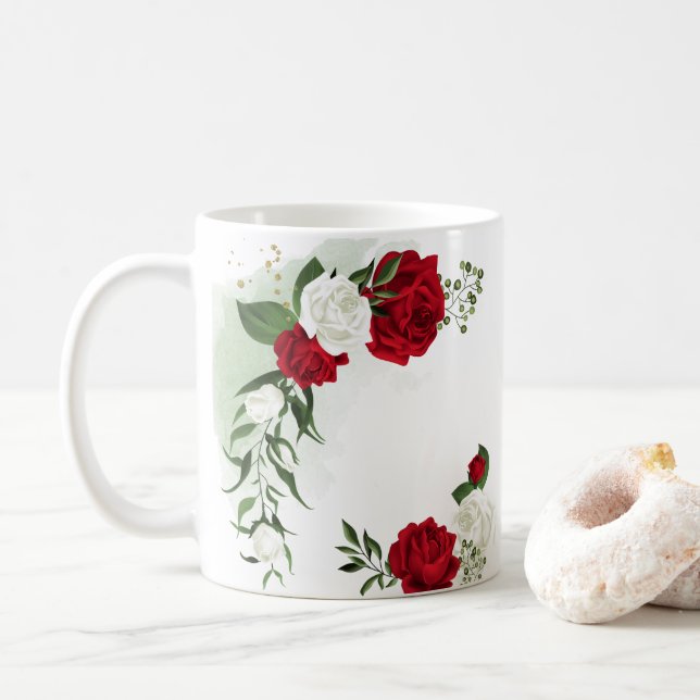 Red & white flowers greenery botanical coffee mug (With Donut)