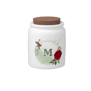Red & white flowers greenery botanical monogram candy jar