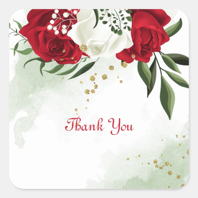 Red & white flowers greenery botanical square sticker (Front)