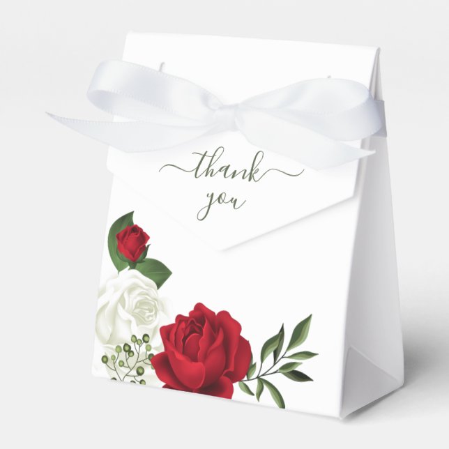 Red & white flowers greenery botanical wedding favor boxes (Front Side)