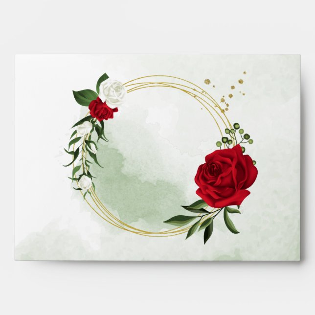 red & white flowers greenery gold wreath envelope (Front)