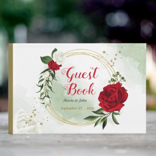 red white flowers greenery gold wreath wedding guest book