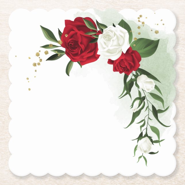 Red & white flowers greenery  paper coaster (Front)
