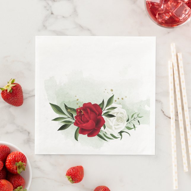 Red & white flowers greenery paper dinner napkins (Insitu)