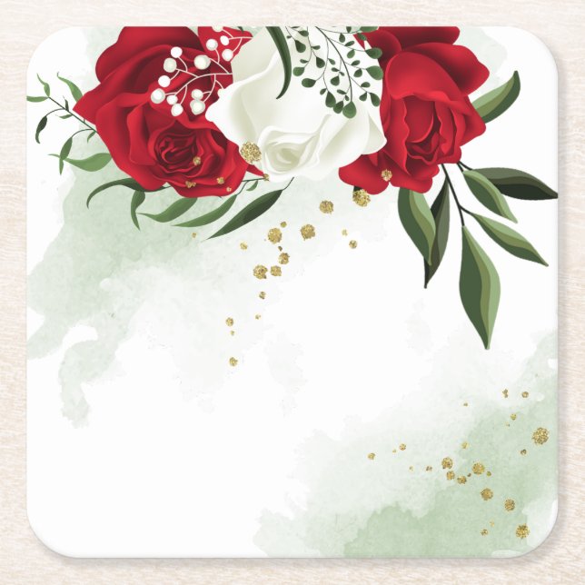 Red & white flowers greenery  square paper coaster (Front)