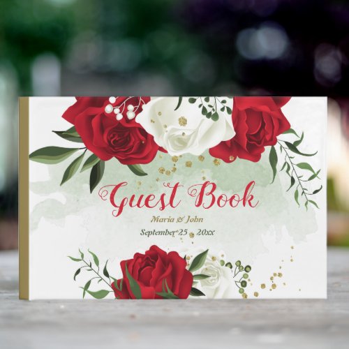 red white flowers greenery wedding guest book