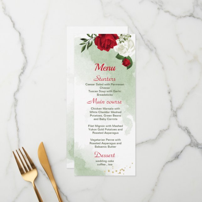 red white flowers greenery wedding menu (Front/Back In Situ)