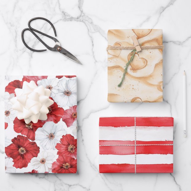 Red White Flowers Hearts Sand Bridal Shower Wrapping Paper Sheets (Front)