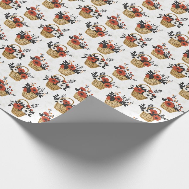 Red & White Flowers in Baskets on White Wrapping Paper (Corner)